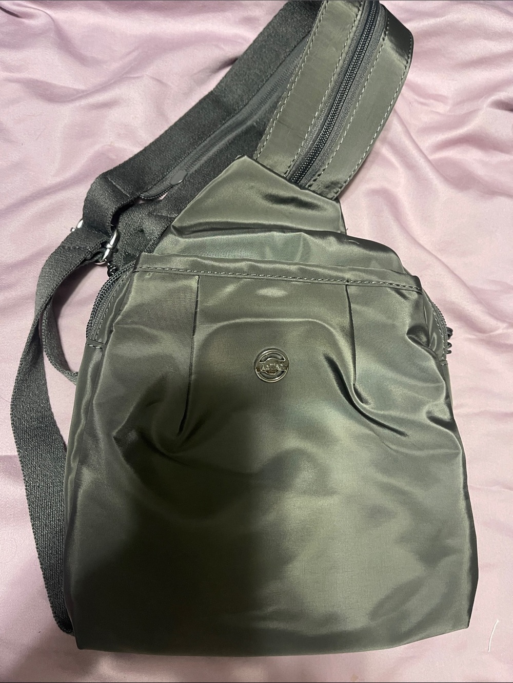 Women's Black Nylon Sling Backpack with Subtle Round Logo